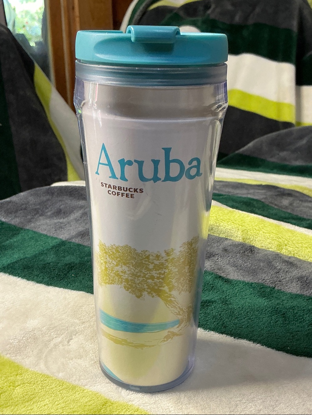 Starbucks “Aruba “Global Icon Series Travel Tumbler -12oz (Clear/Teal Blue Lid)